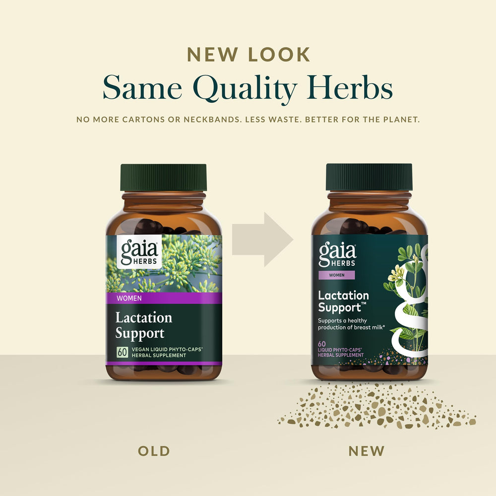 Gluten-free badge on Gaia Herbs Lactation Support packaging.