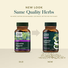 Gluten-free badge on Gaia Herbs Lactation Support packaging.