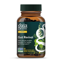Gaia Herbs Gut Revival bottle on a clean table supports daily digestive balance