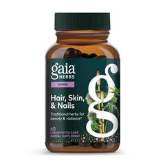 Gaia Herbs Hair Skin Nail Support bottle showing the herbal blend for healthier-looking hair