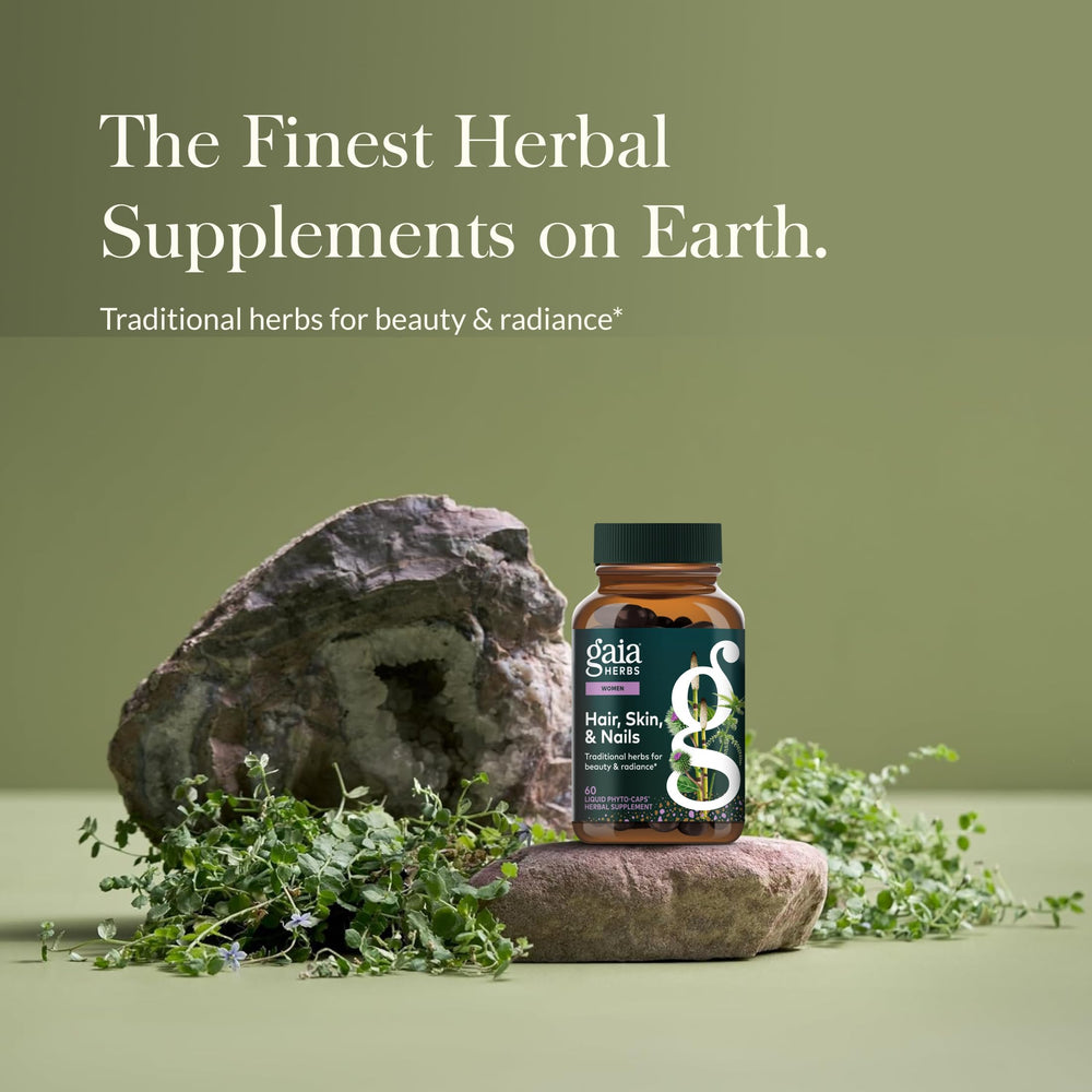 Gaia Herbs capsules close-up highlighting astaxanthin and herbs for skin support