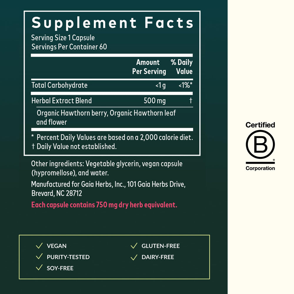 Gaia Herbs Hawthorn Supreme capsules for easy daily cardiovascular support.