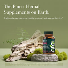 Gaia Herbs Hawthorn Supreme label close-up showing pure herbal ingredients for heart support.