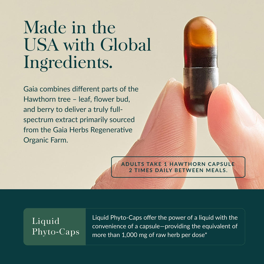 Gaia Herbs Hawthorn Supreme being poured into a daily heart-healthy routine.
