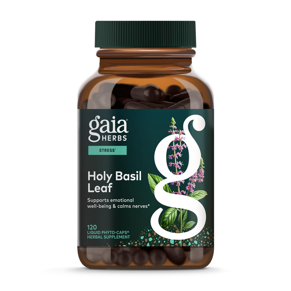 Gaia Herbs Holy Basil Leaf bottle with vegan liquid phyto-caps for daily balance.