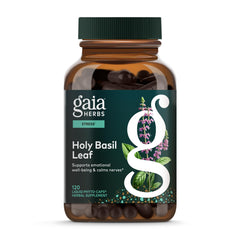 Gaia Herbs Holy Basil Leaf bottle with vegan liquid phyto-caps for daily balance.