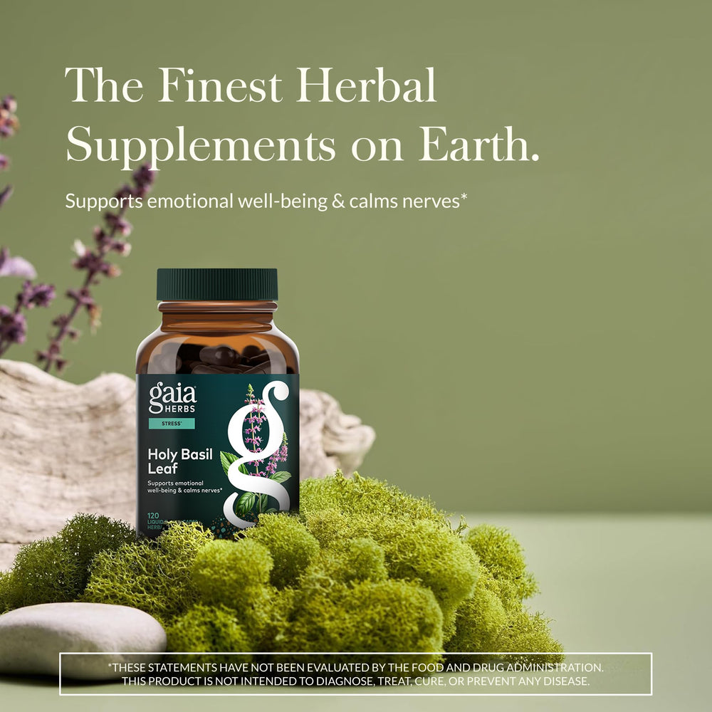 Gaia Herbs Holy Basil Leaf capsules closeup, convenient daily use for stress-support routines.