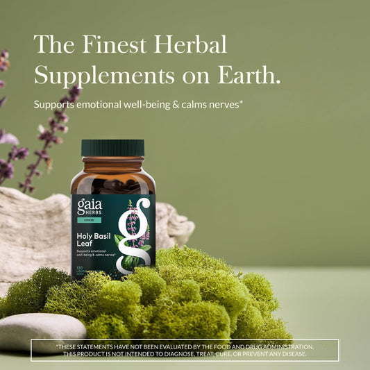 Gaia Herbs Holy Basil Leaf capsules closeup, convenient daily use for stress-support routines.