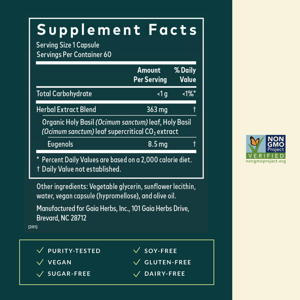 Gaia Herbs Holy Basil Leaf capsules ready for daily wellness.