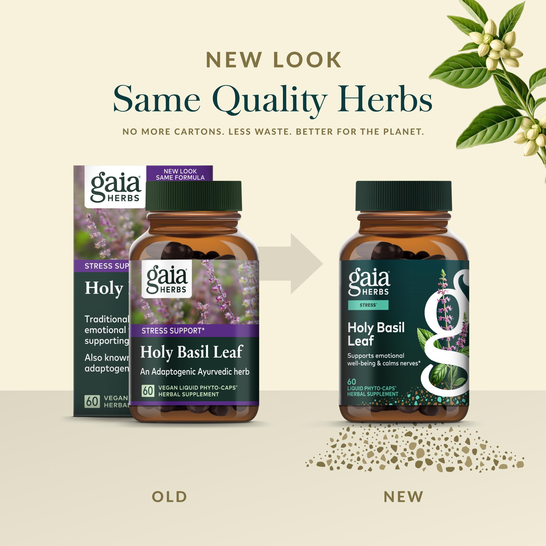 Gaia Herbs Holy Basil Leaf bottle showing natural color and texture.