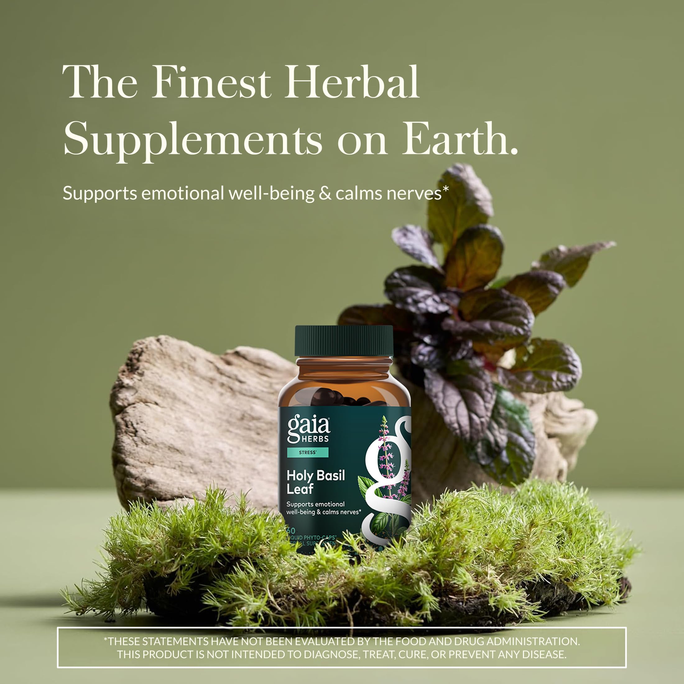 Gaia Herbs Holy Basil Leaf label close-up highlighting the vegan capsules.