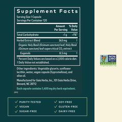 Gaia Herbs Holy Basil Leaf label closeup, showcasing fair trade and regenerative farming origins.