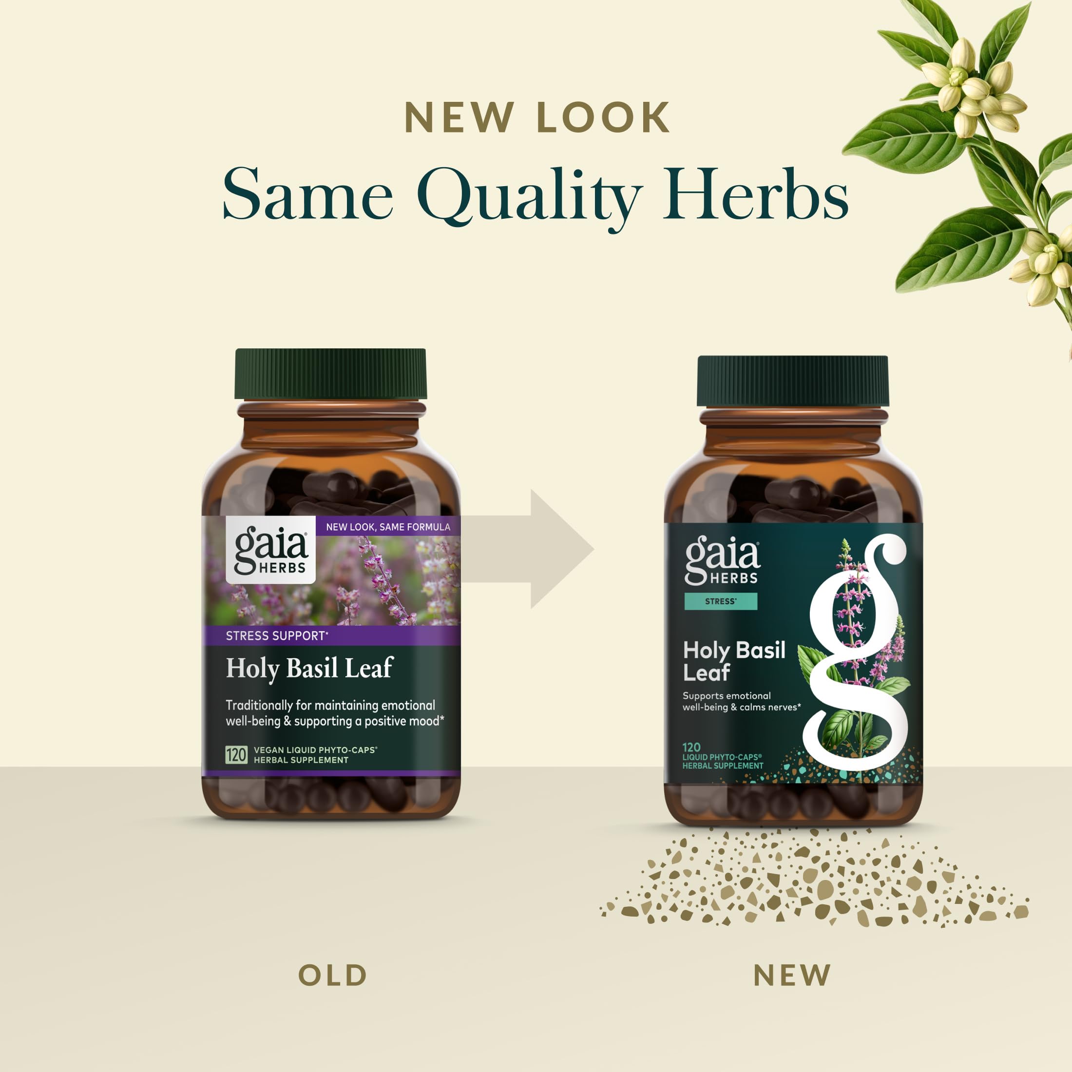 Gaia Herbs Holy Basil Leaf packaging, highlighting quality and soil-to-supplement approach.