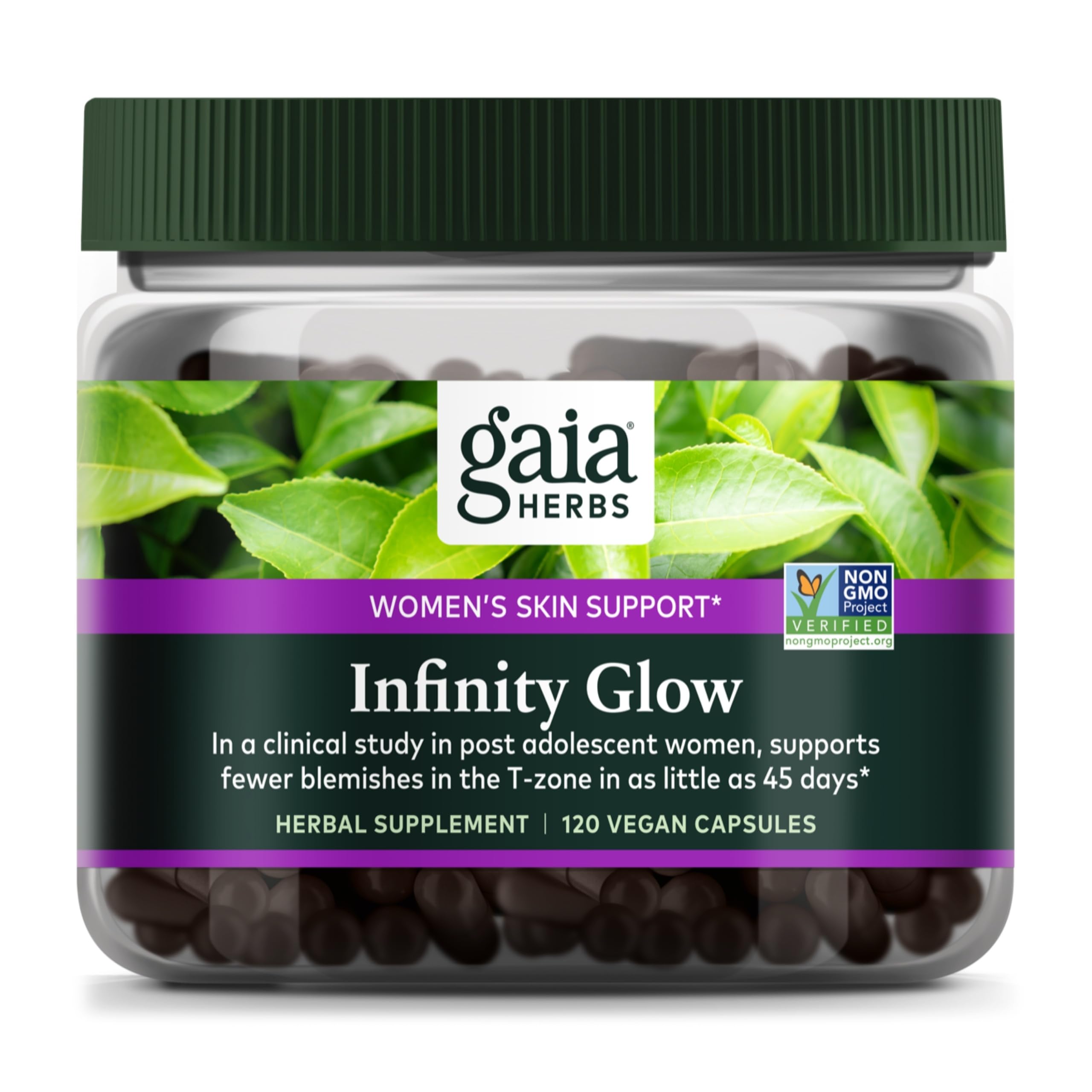 Gaia Herbs Infinity Glow bottle and capsules may support a healthier-looking complexion.