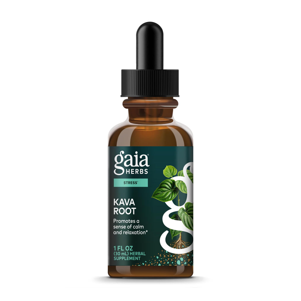 Gaia Herbs Kava Root bottle illustrating a vegan calm option