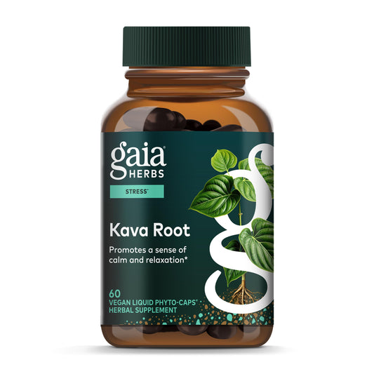 Gaia Herbs Kava Root bottle for calm support during busy days.