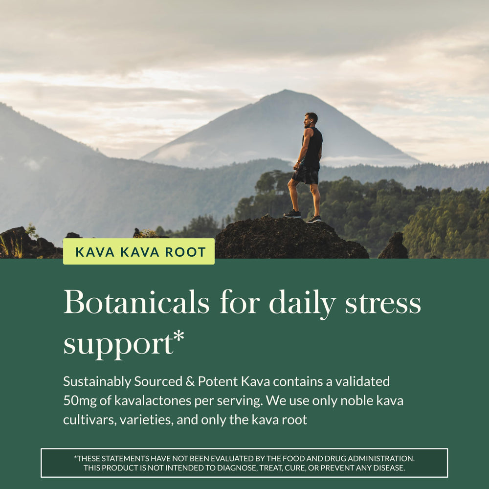 Gaia Herbs Kava Root packaging emphasizes 60 mg kavalactones per serving