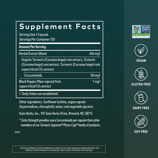 Gaia Herbs label close-up highlighting curcumin and black pepper blend for absorption benefit
