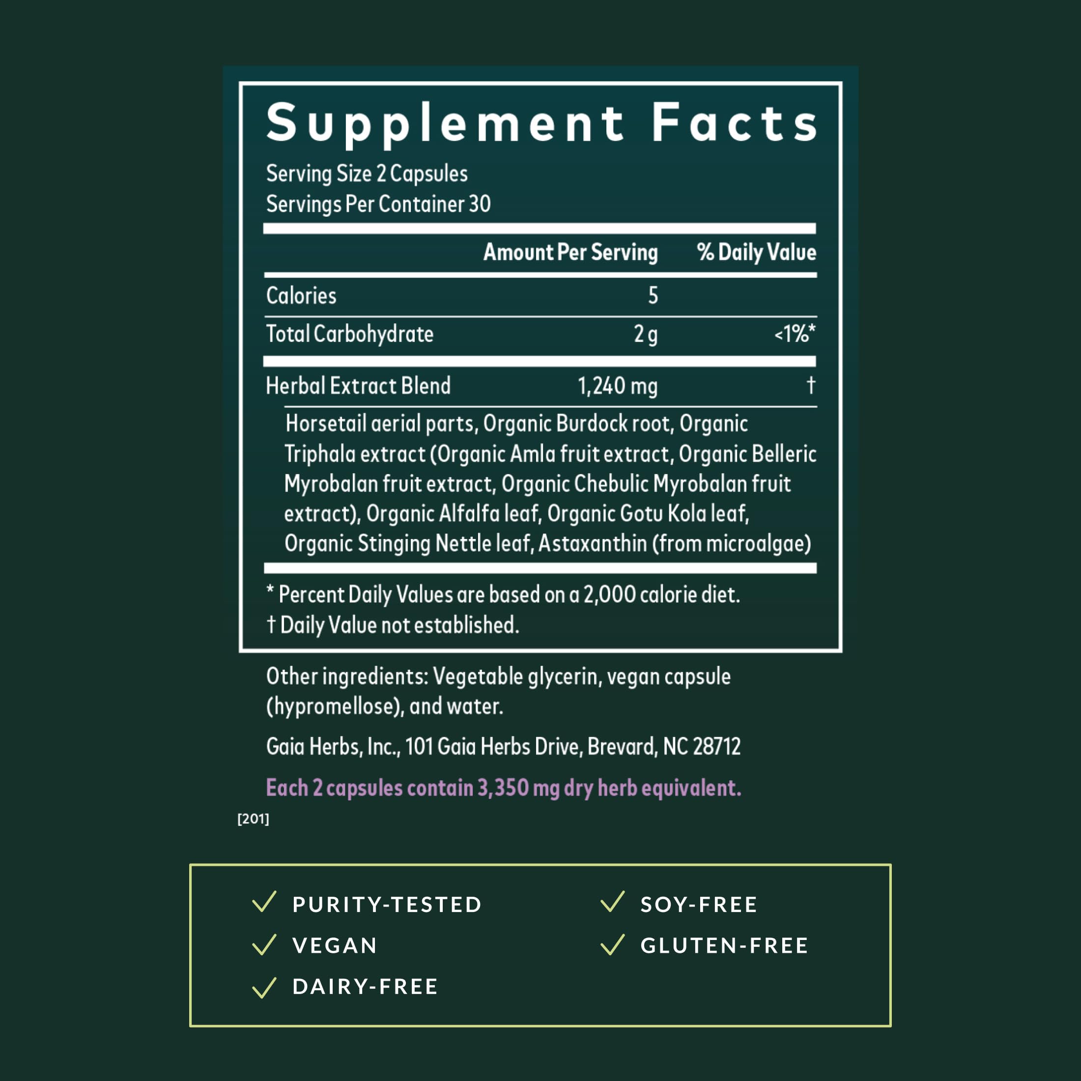 Gaia Herbs label close-up conveying purity and quality commitment