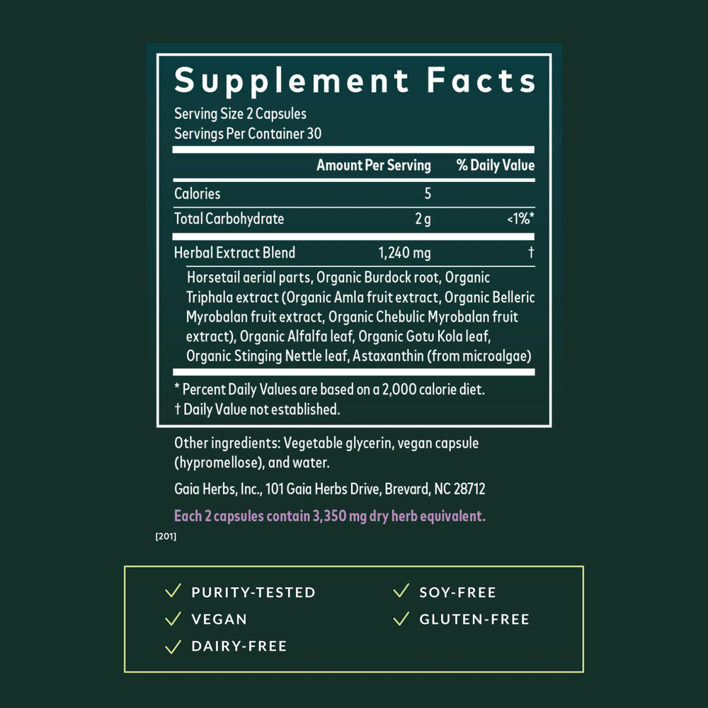 Gaia Herbs label close-up conveying purity and quality commitment