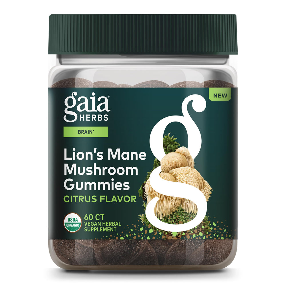 Gaia Herbs Lions Mane Gummies bottle shown for daily brain support.