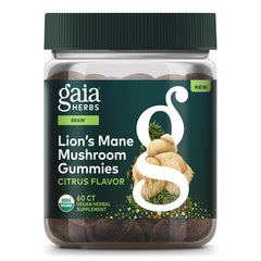 Gaia Herbs Lions Mane Gummies bottle shown for daily brain support.