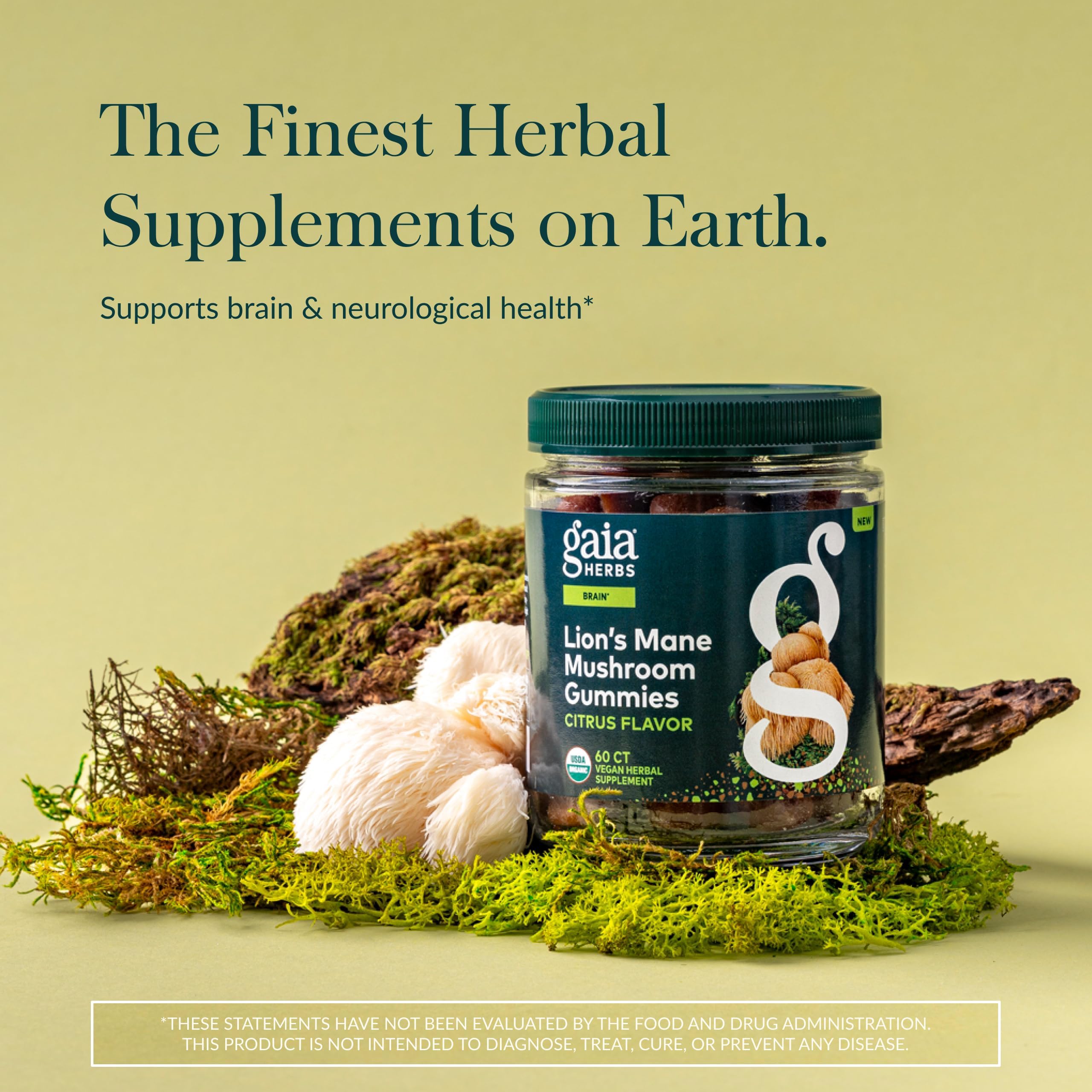 Gaia Herbs Lions Mane Gummies label close-up highlights organic fruiting body extract.