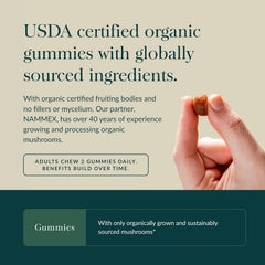 Gaia Herbs Lions Mane Gummies packaging emphasizes vegan and gluten-free quality.