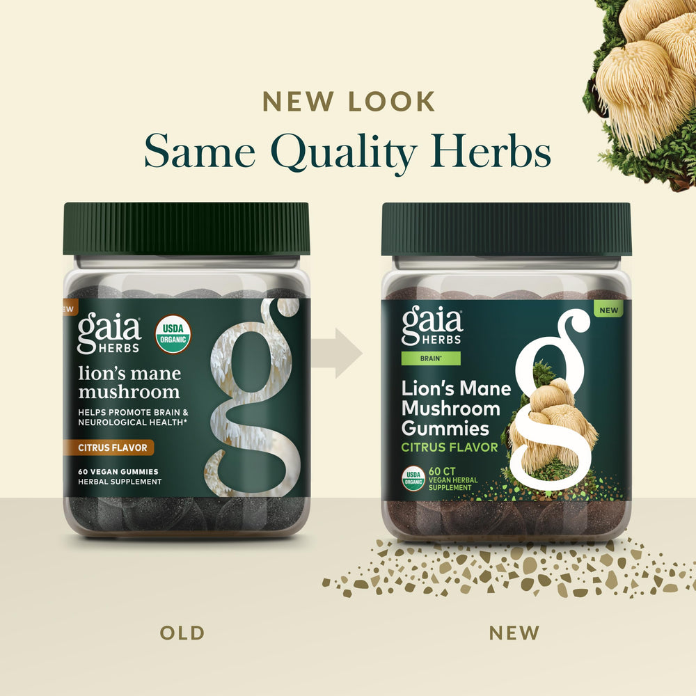 Gaia Herbs Lions Mane Gummies with measuring scoop for simple daily dose.