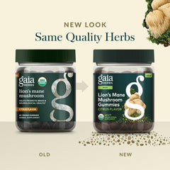 Gaia Herbs Lions Mane Gummies with measuring scoop for simple daily dose.