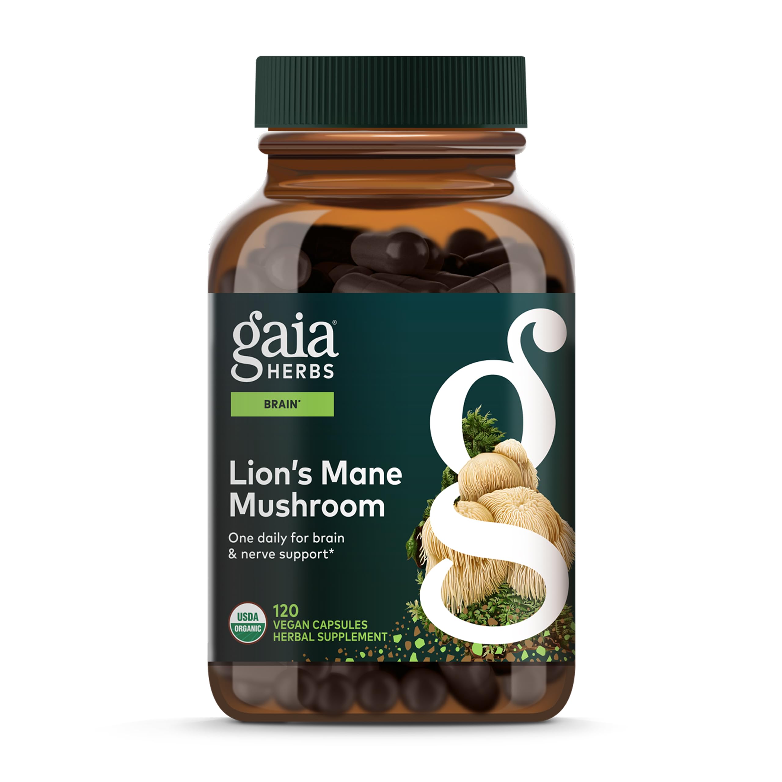 Gaia Herbs Lion's Mane bottle for daily brain health support.