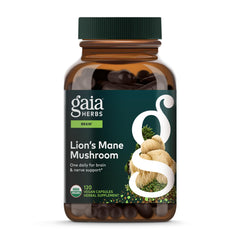 Gaia Herbs Lion's Mane bottle for daily brain health support.