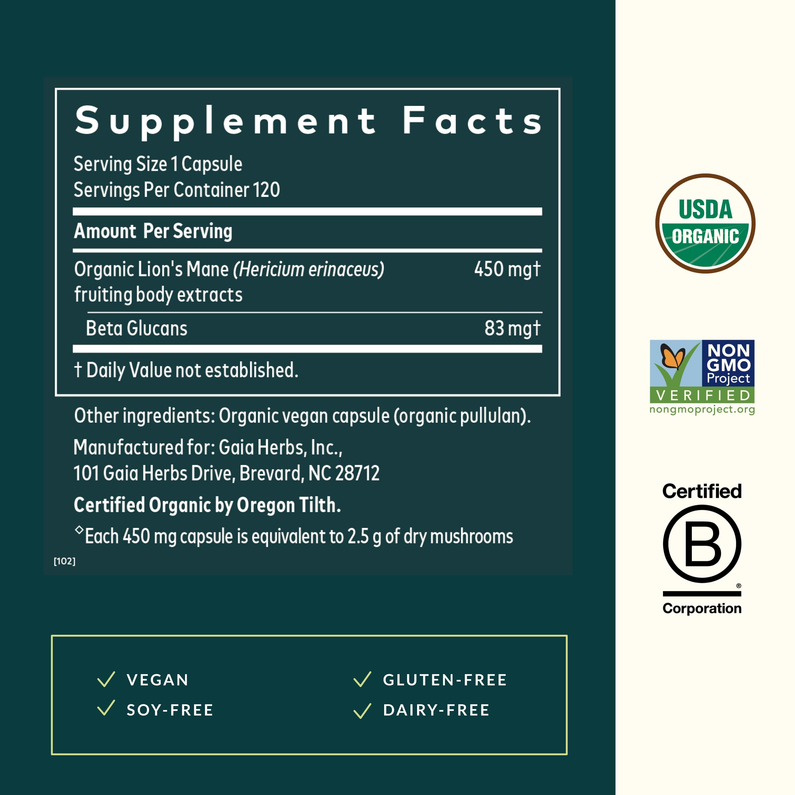 Product label showing organic certification and Gaia Herbs quality.
