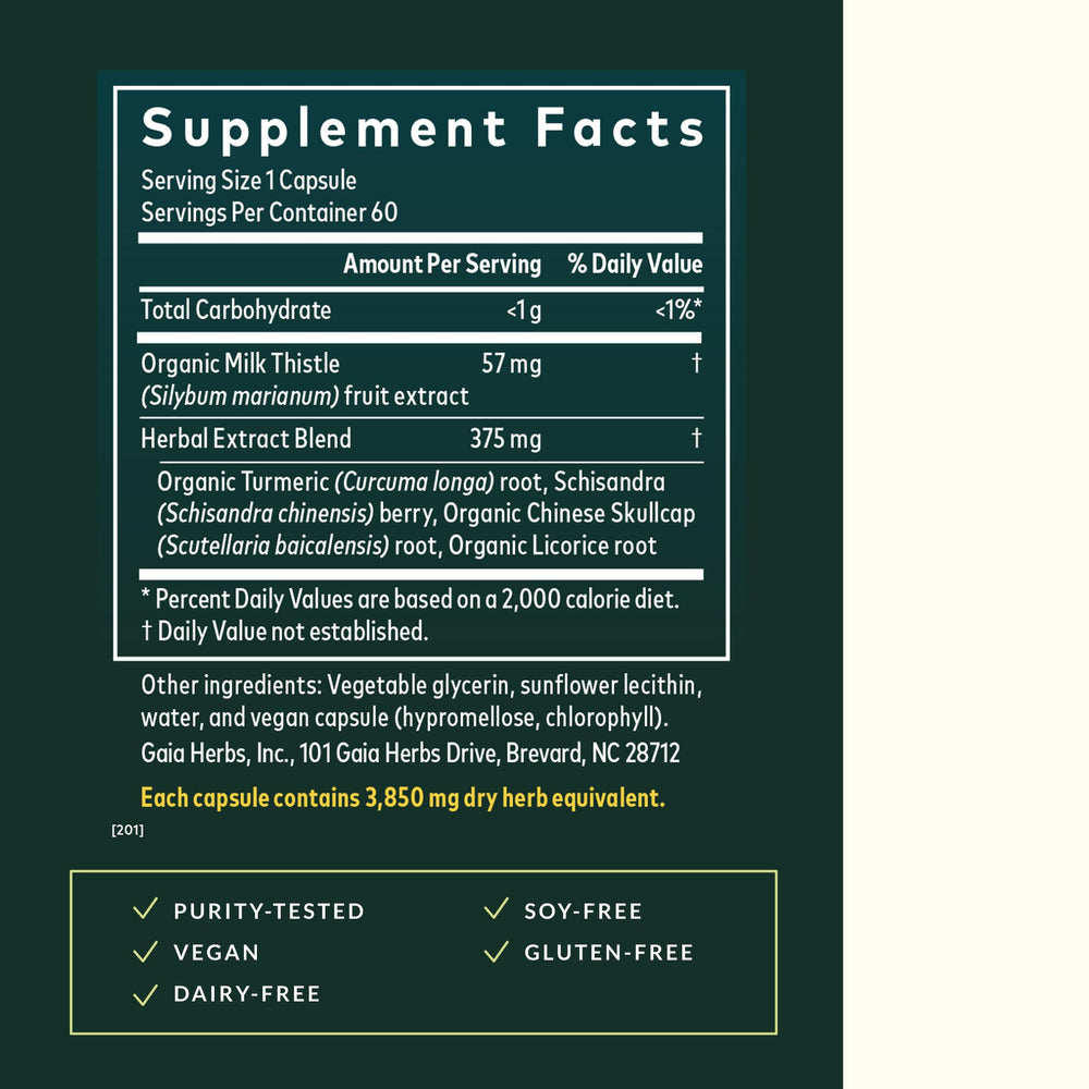 Gaia Herbs Liver Health label view shows ingredient transparency