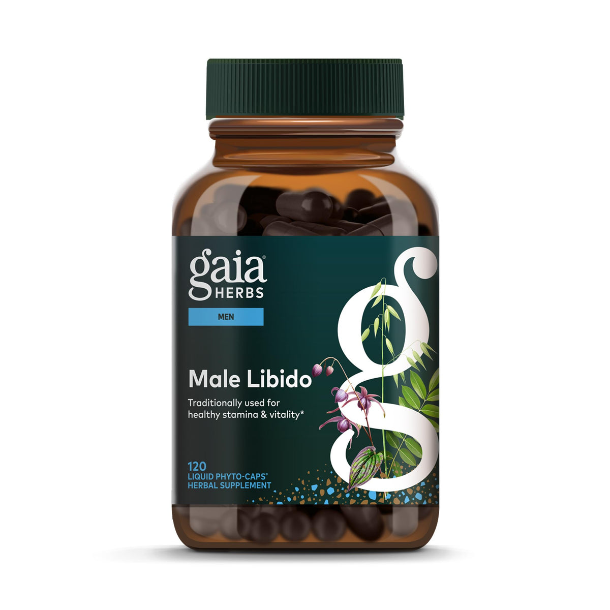 Gaia Herbs Male Libido bottle shown for daily vitality support.