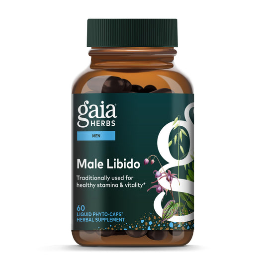 Gaia Herbs Male Libido bottle on display, signaling vitality support.