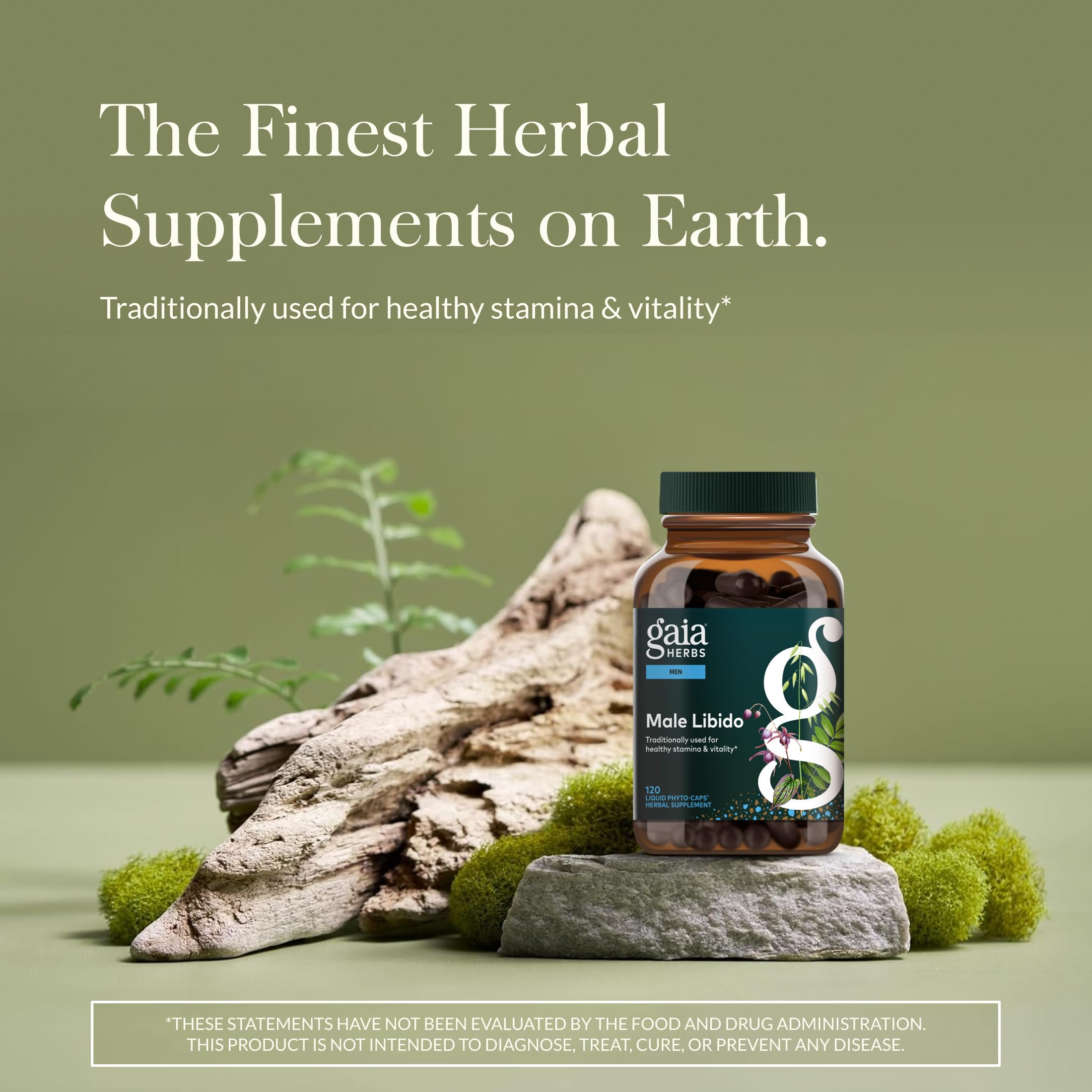 Gaia Herbs Male Libido capsules close-up for easy daily use.