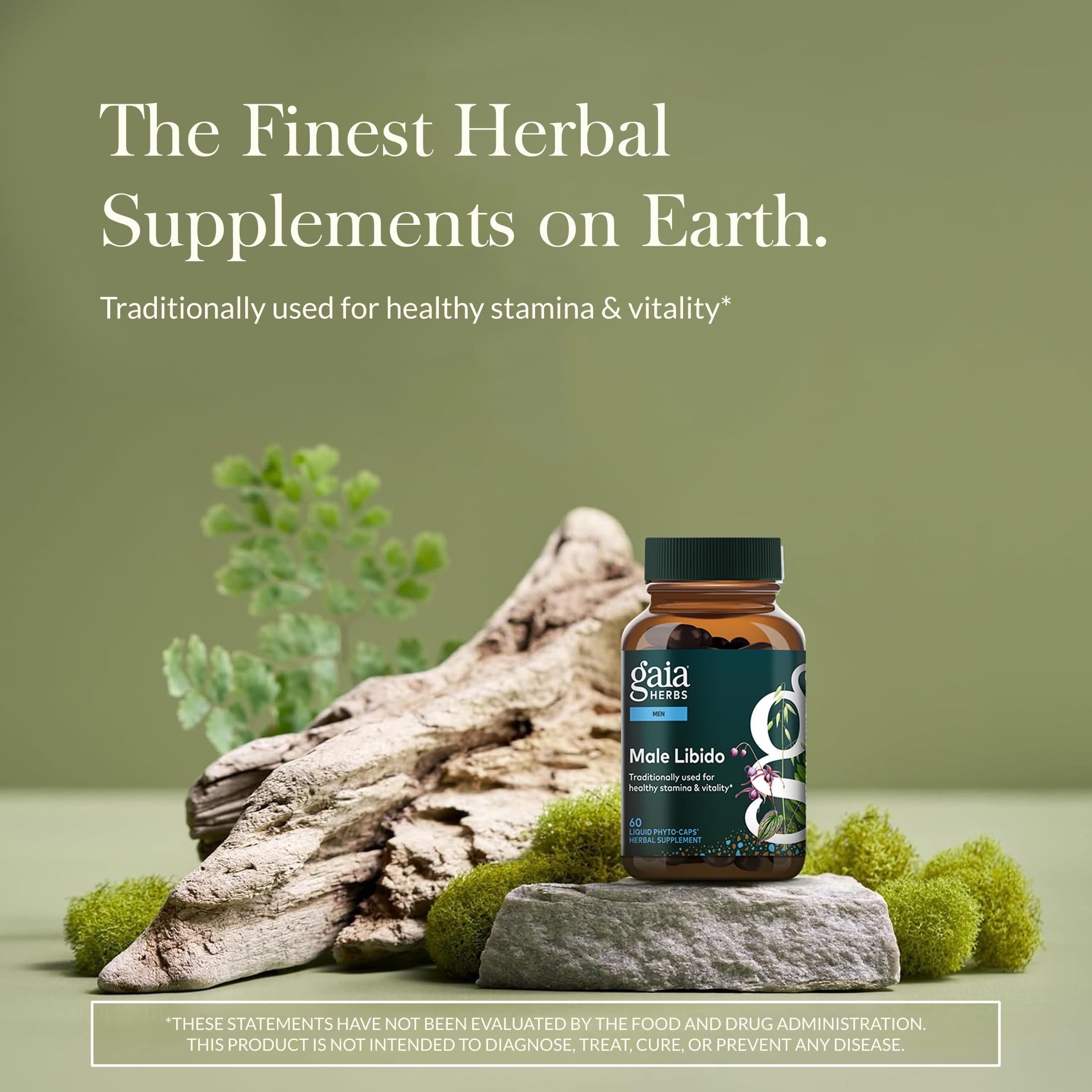 Close-up of Gaia Herbs Male Libido capsules for daily energy support.