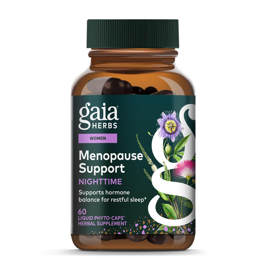 Gaia Herbs Menopause Nighttime bottle front highlights calming plant blend for restful nights