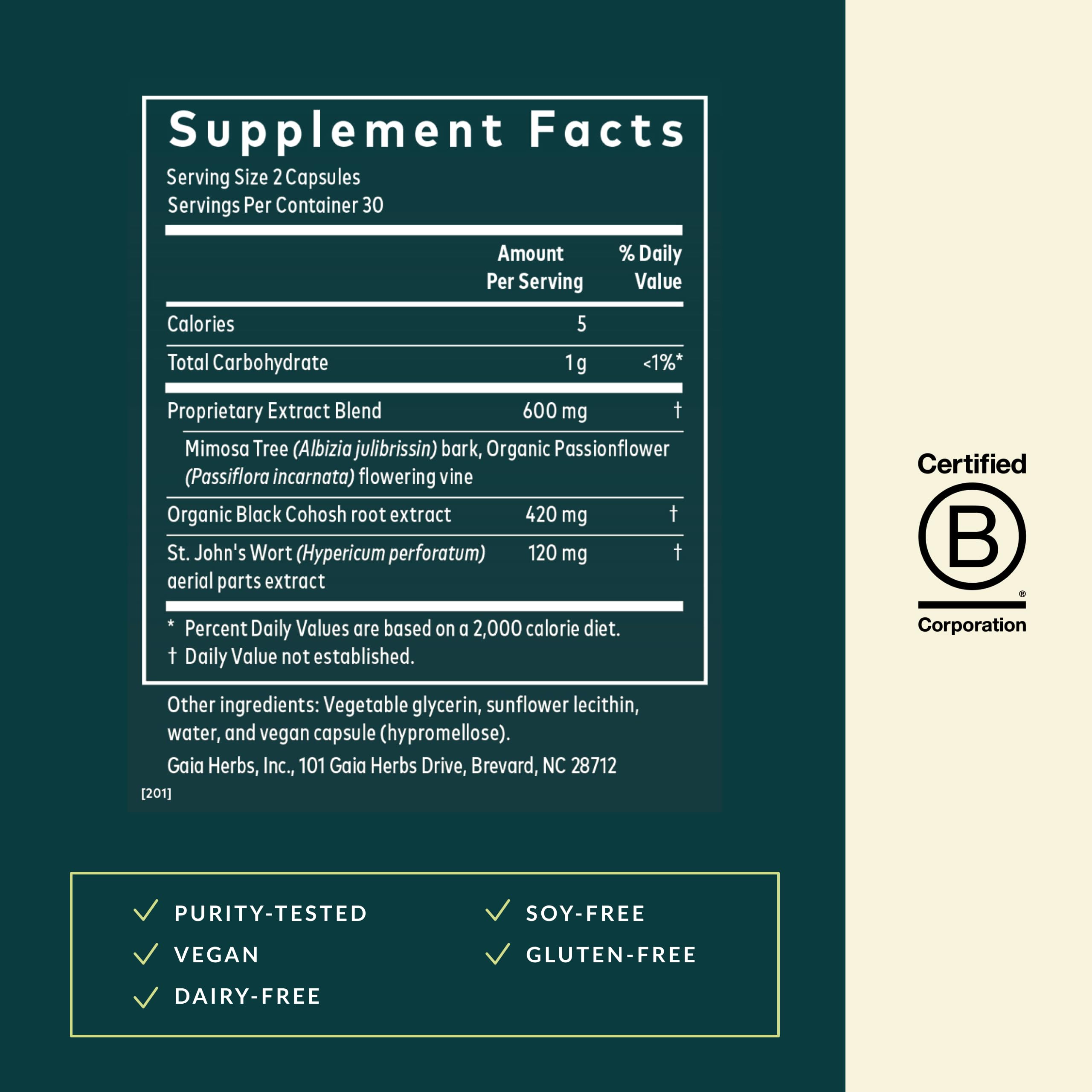 Gaia Herbs Menopause Nighttime label close-up reveals clean, plant-based ingredients