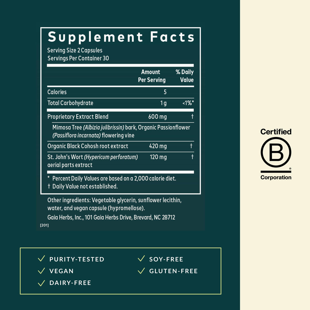 Gaia Herbs Menopause Nighttime label close-up reveals clean, plant-based ingredients