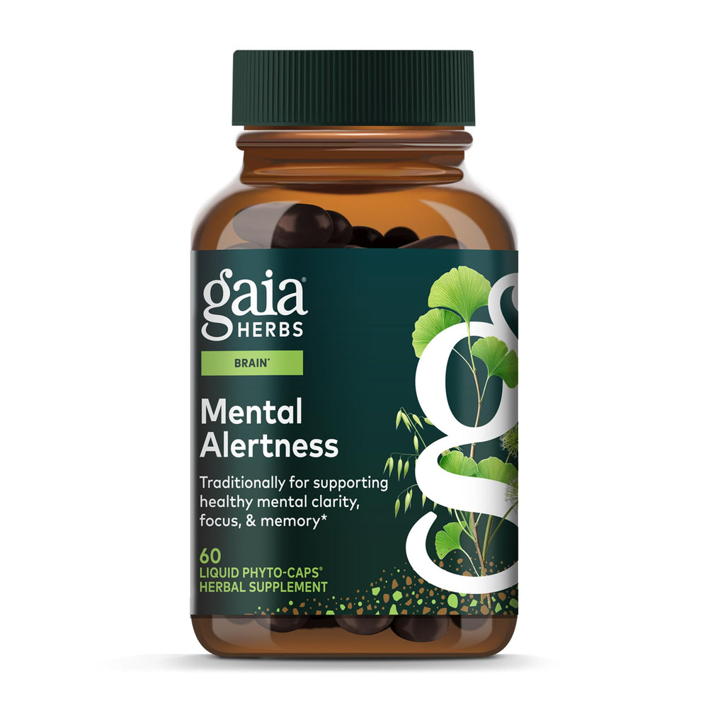 Gaia Herbs Mental Alertness bottle showing Eleuthero and Ginkgo for jitter-free focus