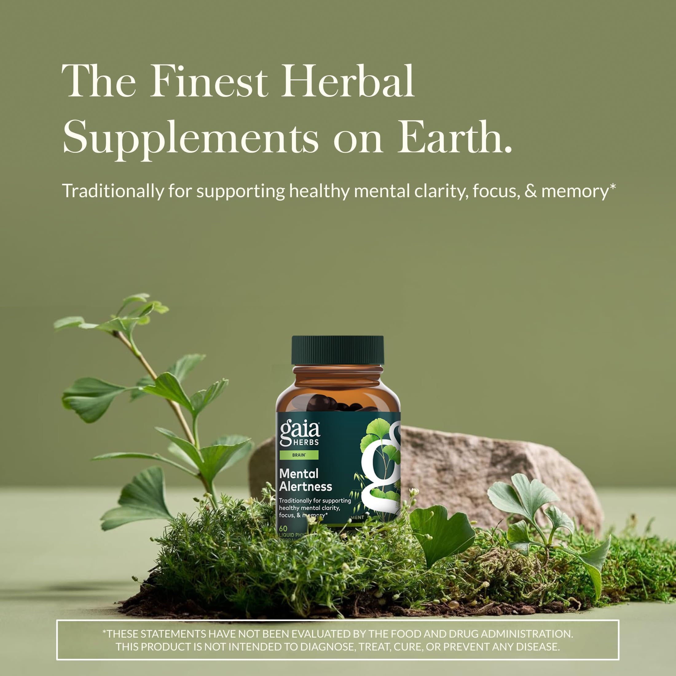 Closeup of Gaia Herbs Mental Alertness capsules designed for alertness and clarity