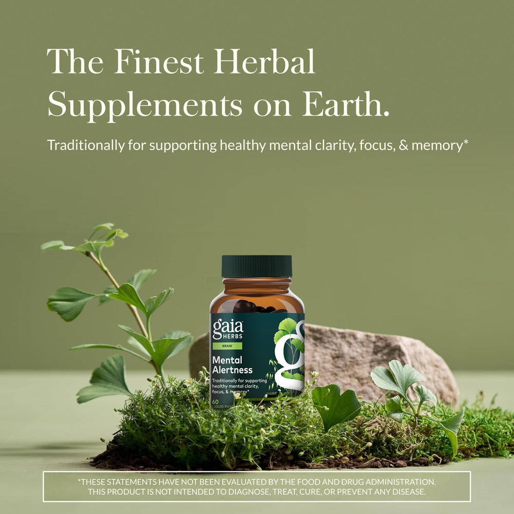 Closeup of Gaia Herbs Mental Alertness capsules designed for alertness and clarity