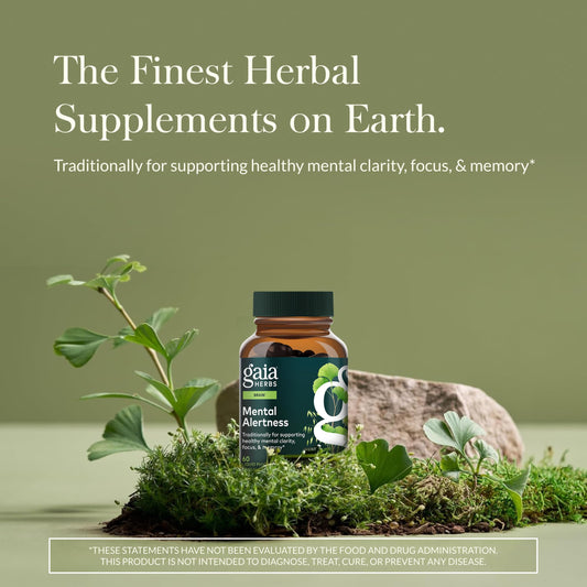 Closeup of Gaia Herbs Mental Alertness capsules designed for alertness and clarity