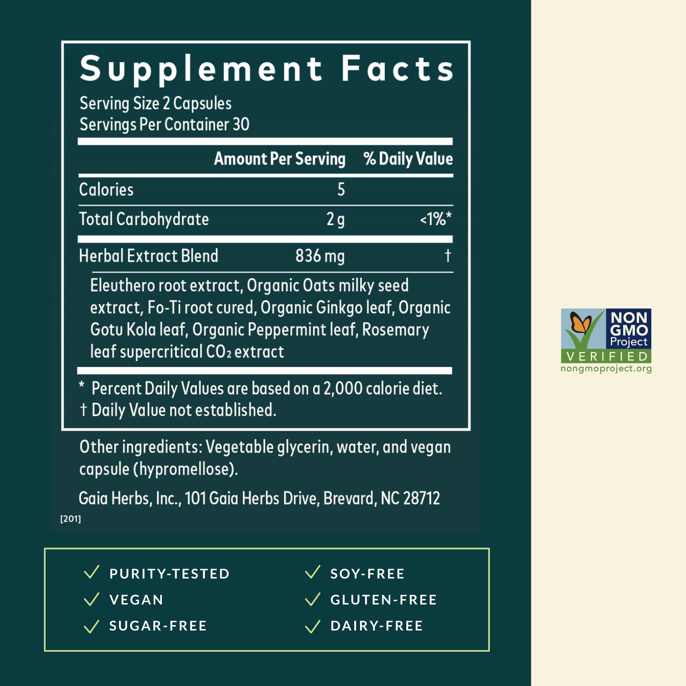 Gaia Herbs Mental Alertness label highlights gluten-free, dairy-free, soy-free formula