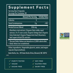 Gaia Herbs Mental Alertness label highlights gluten-free, dairy-free, soy-free formula