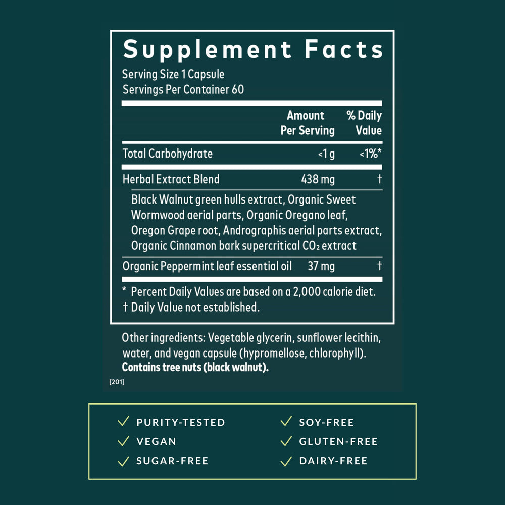 Gaia Herbs Microbiome Cleanse ingredients closeup highlights black walnut and peppermint.