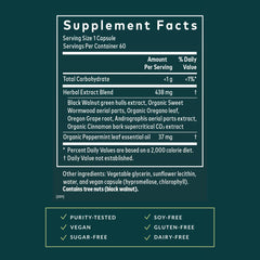 Gaia Herbs Microbiome Cleanse ingredients closeup highlights black walnut and peppermint.