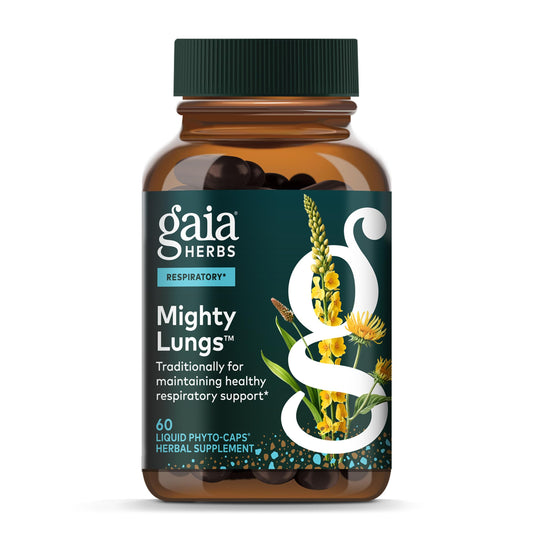 Gaia Herbs Mighty Lungs bottle front with vegan capsules for daily respiratory support.